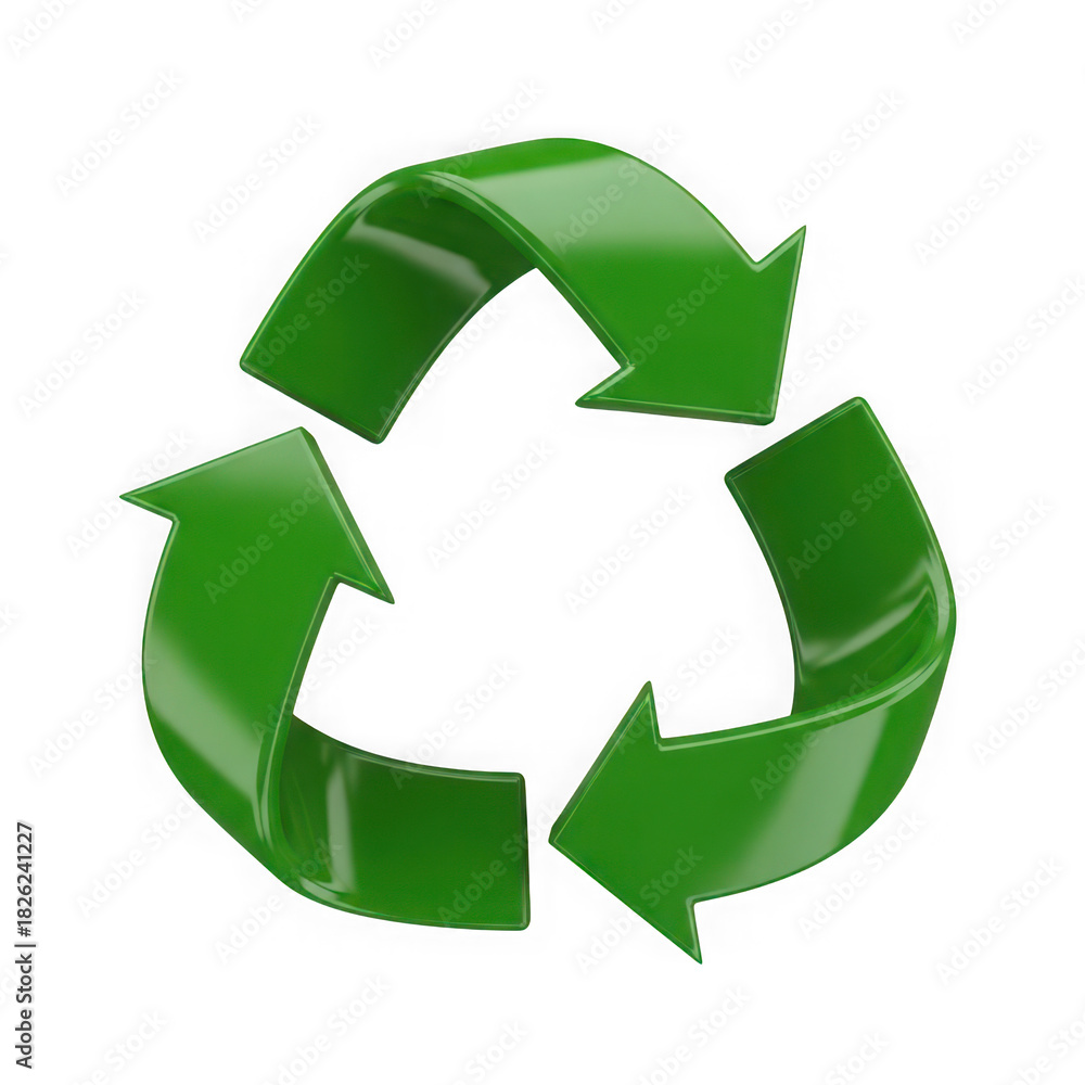 Obraz premium Shiny green 3d recycle symbol with three chasing arrows isolated on transparent background