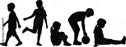 Set of black vector silhouettes showing happy children playing, walking, sitting on ground, and holding ball, isolated on white background for active lifestyle design.