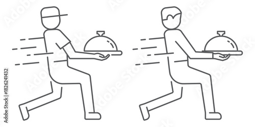 Waiter and food delivery line icon set. Restaurant service and fast delivery symbols in clean linear style. Editable stroke, isolated on transparent background.