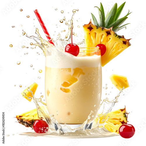 Refreshing pina colada cocktail splash with pineapple and cherries