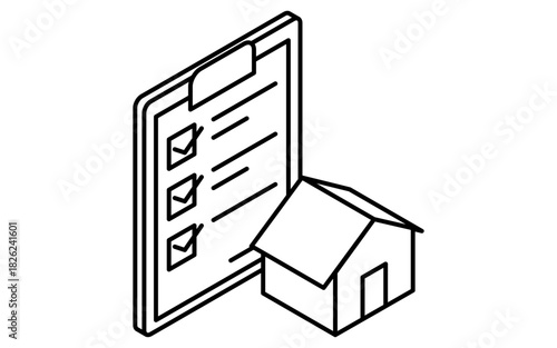 Simple line-drawn isometric illustration checklist for real estate purchase verification items, black and white