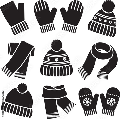 Winter clothing collection consisting of hats mittens and scarves vector illustration
