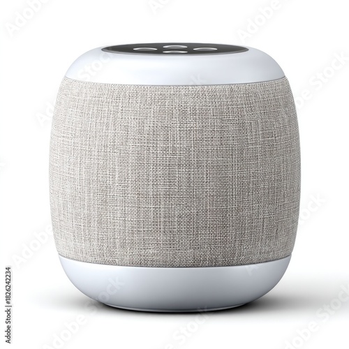 Modern white smart speaker with fabric cover for home audio and voice control
