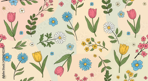 Vintage seamless pattern, background with spring flowers