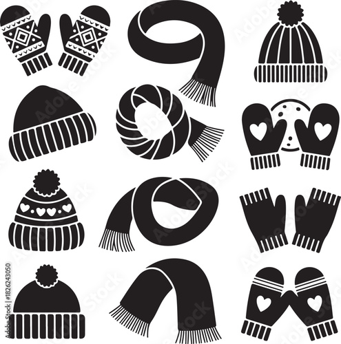 Winter apparel collection featuring hats mittens and scarves isolated on white