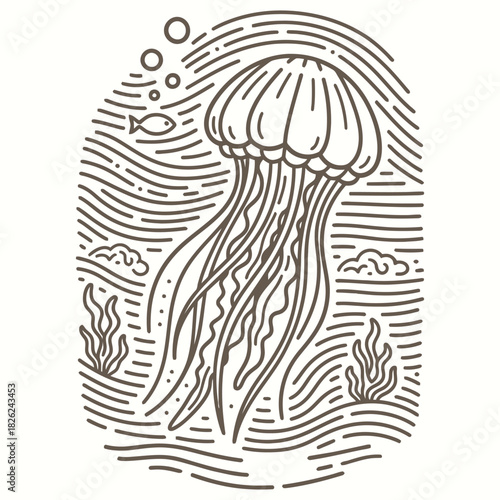 Jellyfish Swimming Monoline Vector Illustration