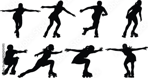 Set of black vector silhouettes showing women roller skating, balancing and gliding in motion, isolated on white background for sport and active lifestyle design.