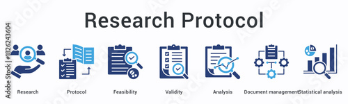 Research protocol banner web icon outlines feasibility and validity through analysis with document management and statistics.