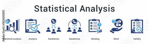 Statistical analysis banner web icon employs randomization and blinding techniques ensuring validity throughout analytical process.