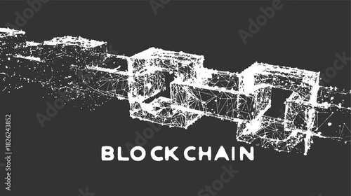 White abstract blockchain network cubes connected on dark gray background with text technology data