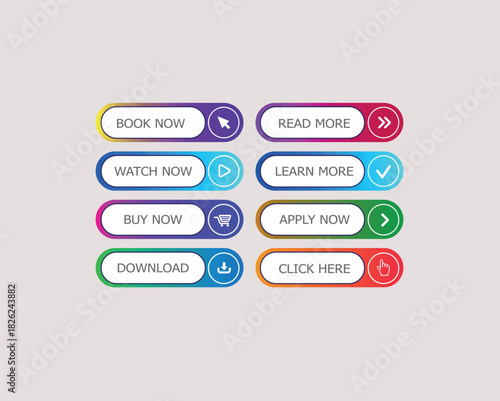 Flat colorful Buttons in Hover, Disable and Enable. Flat button design with active, inactive, and selected states. web element vector illustration,
