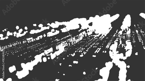 Abstract binary code cityscape with glowing lights and dark sky digital