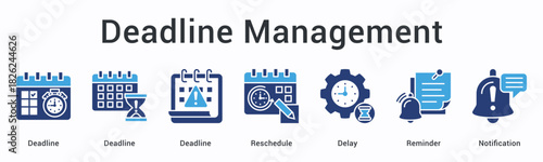 Deadline management banner web icon tracks multiple deadlines with rescheduling options addressing delays through reminders and notifications.