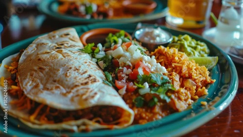 Delicious Mexican meal with burrito, rice, beans, guacamole, and pico de gallo.