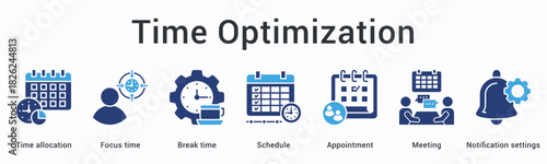 Time optimization banner web icon allocates focus time with break periods through schedules appointments and meeting notification settings.