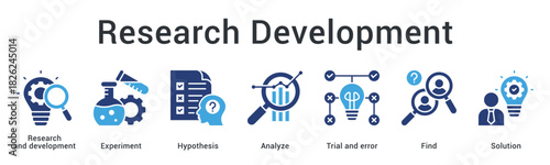 Research development banner web icon explores experiments and hypothesis through analysis and trials finding solutions effectively.