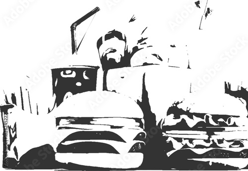 Two large burgers and french fries in a stark black and white graphic style hamburger food