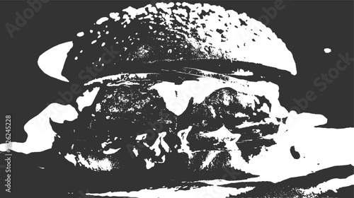 Close up of a large hamburger with melted cheese and sesame seed bun in high contrast black and white