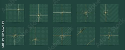 Cute Christmas green gift box with golden string. Simple ornamental paper, wrap, package for winter holiday vector for card, poster, banner