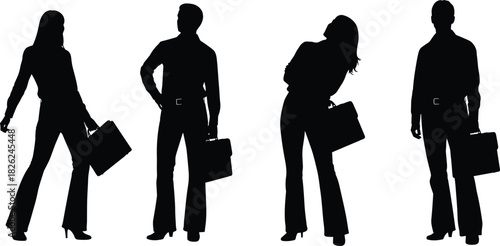 Silhouettes of business professionals, men and women, holding briefcases, standing poses, corporate attire, career diversity, black and white illustration, office concept, formal style