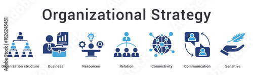 Organizational strategy banner web icon aligns business resources and relations through connectivity and sensitive communication structures.