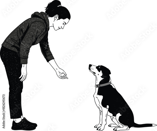 Silhouette of person training dog, giving command, offering treat, dog sitting attentively, communication moment, black and white illustration, pet interaction, obedience pose