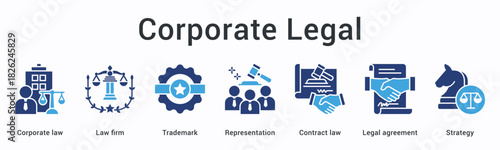 Corporate legal banner web icon covers law firm trademark representation with contract agreements and strategic planning.