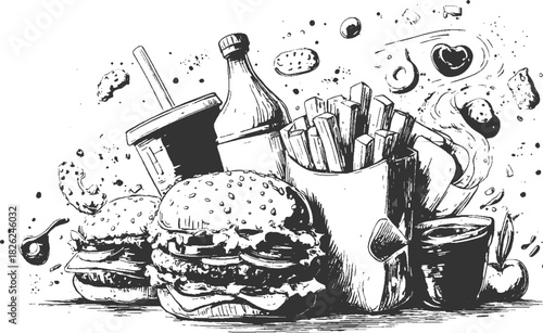 Hand drawn sketch of fast food items including burgers fries soda and a bottle hamburger french