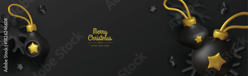 Happy New Year and Merry Christmas. Christmas holiday background with realistic 3d objects, bauble balls, conical metal stars. Levitation falling design composition.