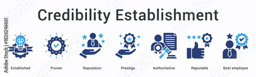 Credibility establishment banner web icon showcases proven reputation with prestige through authoritative excellence standards.