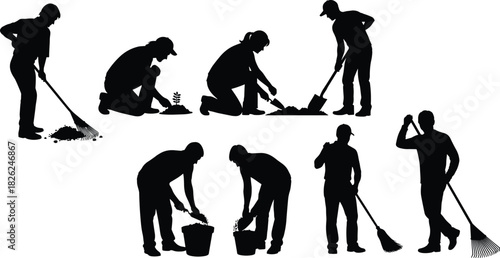 Silhouettes of people gardening, planting, digging, raking, teamwork, landscaping, outdoor labor, soil work, garden tools, black and white illustration, rural activity, nature care