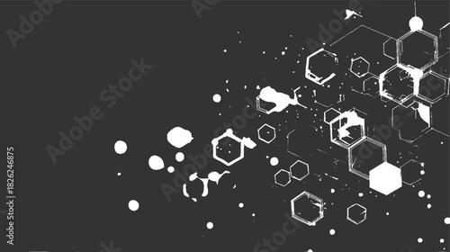White abstract hexagons and circles scattered on dark gray background geometric