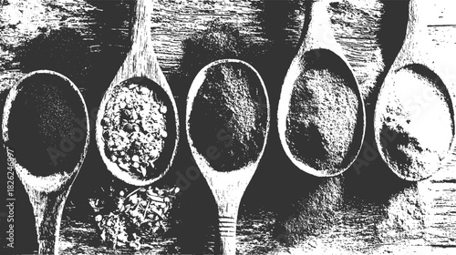 Five wooden spoons filled with various spices and herbs on a textured surface kitchen