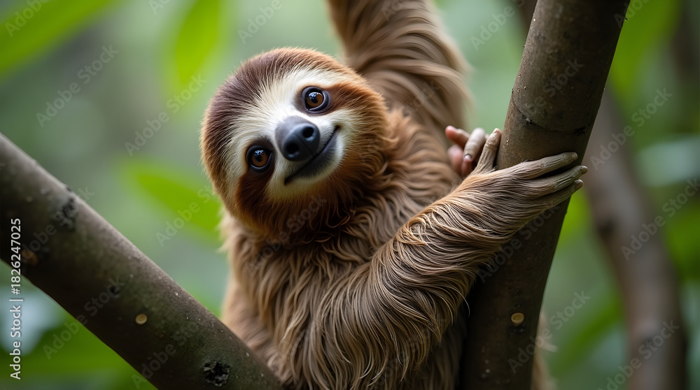 Naklejka premium Funny sloth hanging on tree branch, cute face look, perfect portrait of wild animal in the Rainforest of Costa Rica scratching the belly, Bradypus variegatus, brown-throated three-toed sloth, relaxed 