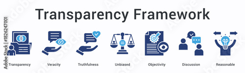 Transparency framework banner web icon promotes veracity and truthfulness with unbiased objectivity through reasonable discussion.
