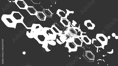Abstract white hexagonal patterns and organic shapes on dark gray background vector