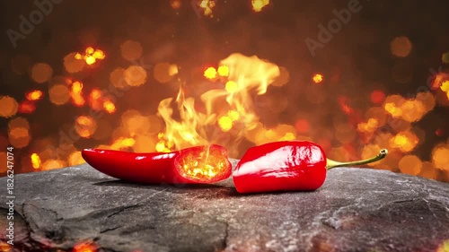 Cut red chili pepper burning with flames
