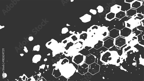 Abstract white hexagonal pattern and irregular shapes on dark gray background texture geometric