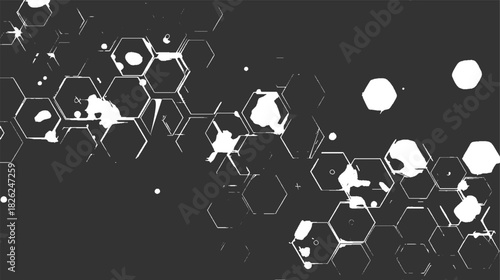 Abstract pattern of interconnected white hexagons and irregular shapes on dark gray background geometric