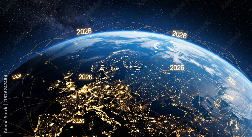 Obraz premium View of Earth from space, showing Europe at night with city lights and interconnected lines marked with the year 2026, representing global network