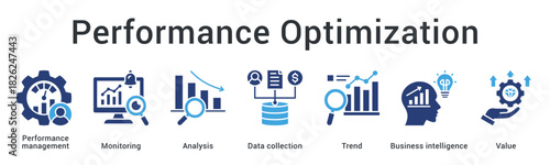Performance optimization banner web icon tracks monitoring and analysis through data collection revealing trends and intelligence.