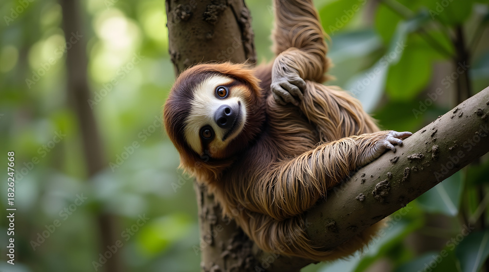 Naklejka premium Funny sloth hanging on tree branch, cute face look, perfect portrait of wild animal in the Rainforest of Costa Rica scratching the belly, Bradypus variegatus, brown-throated three-toed sloth, relaxed 
