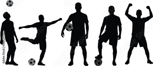 Silhouettes of people playing soccer, kicking ball, celebrating goal, holding ball, resting foot, dynamic poses, sports action, football movement, athletic interaction, black and white