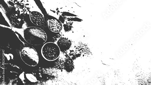 Overhead view of small bowls filled with seeds and leaves scattered on a textured surface vector