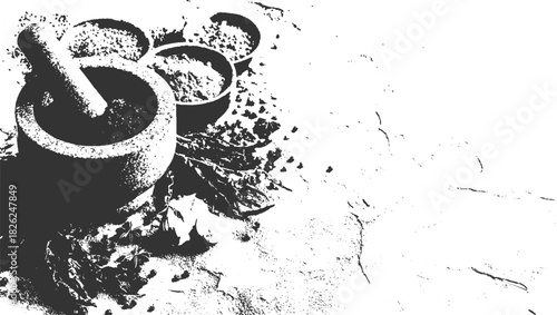 Stone mortar and pestle with ground spices and leaves on textured surface grinding