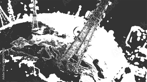 Black and white abstract map of Europe with industrial tower continent land
