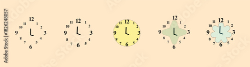 Black and white wall clock icons, vector illustration of analog timepieces, modern round clock designs, isolated watch face set for decor, Vector illustration.