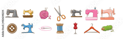 Collection of editable vector icons representing shoe making tailoring and repair services with tools and materials. Vintage and modern sewing machine silhouettes set for creative design, Vector illus