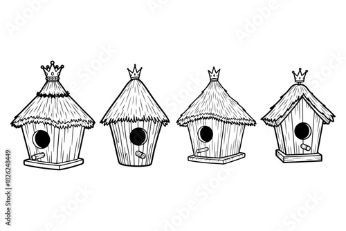Whimsical line art illustration of four unique birdhouses, featuring charming crowned thatched roofs and rustic details, perfect for nature-themed graphic design elements