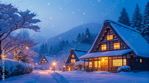Cozy Japanese Village in Winter Snowfall with Warm Lights Glowing from Traditional Houses and Lanterns